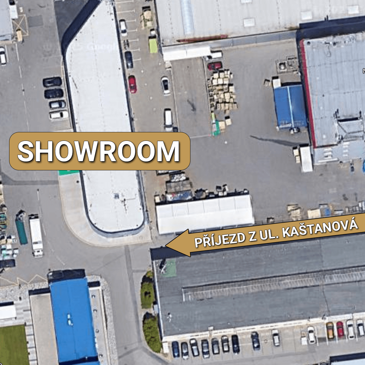 Schéma příjezdu do showroomu Kaštanová s vyznačeným vchodem